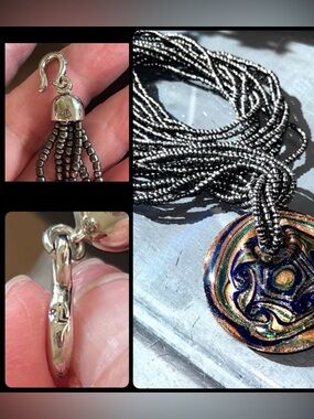 N256 Ralph Lauren Murano Glass Pendant 2” on Multistrand Beaded Necklace 32”